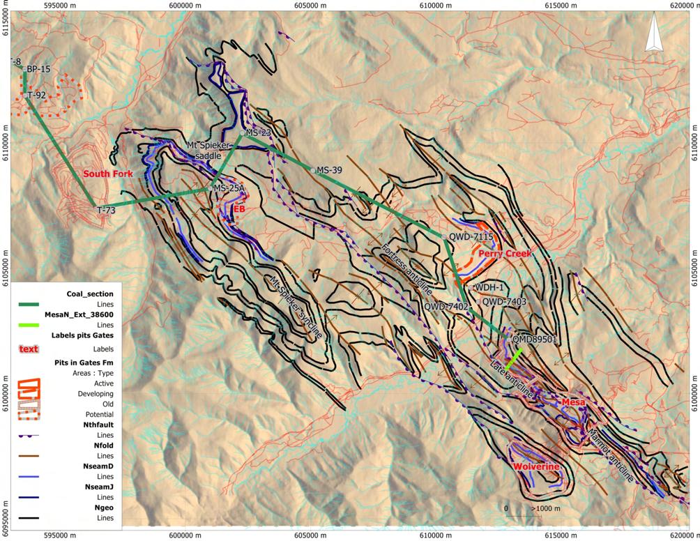Figure 2. Some elements of the geological compilation in the Wolverine River area, Peace River coalfield, northeastern BC. software as surfaces.