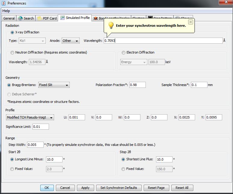 Synchrotron Help Preferences In PDF-4+ Release 2012 versions and later, a new button was added to the preferences setting, Set Synchrotron Defaults.
