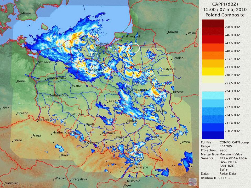 Figure 3. Composite of the surface reflectivity field observed over Poland at 1500 UTC 7 May 2010.