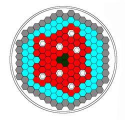 The fresh core of MYRRHA contains a lattice of 183 hexagonal channels of which 68 are loaded with fuel assemblies (this configuration considers a core