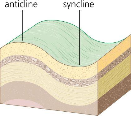 Anticline - An arch-like upfold in buckled, bent, or contorted rock.