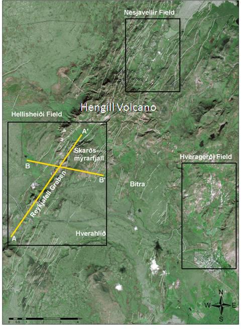 Figure 2. Satellite image of the Hengill central volcano. White lines show faults and fissures. Yellow lines show the location of cross sections A-A and B-B.
