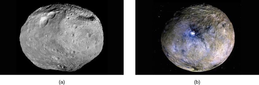 FIGURE 13.11 Vesta and Ceres. The NASA Dawn spacecraft took these images of the large asteroids (a) Vesta and (b) Ceres.