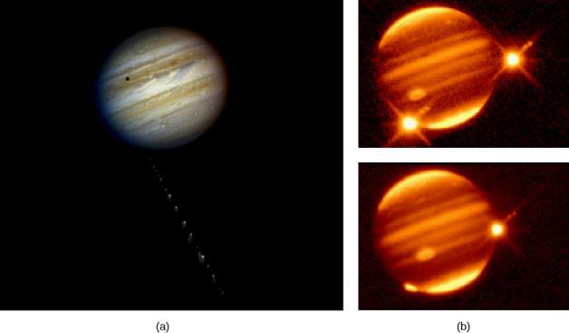 FIGURE 13.30 Comet Impact on Jupiter. (a) (b) The string of white objects are fragments of Comet Shoemaker-Levy 9 approaching Jupiter.