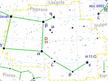 51 Pegasi 51 Peg Constellation Pegasus Right ascension 22h 57m 28.0s Declination +20 46 08 Apparent magnitude (V) 5.
