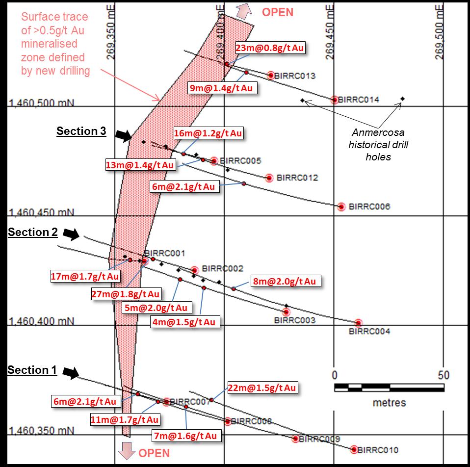 The drilling to date has revealed a single gold mineralised zone at surface, dipping steeply to the east to depth and hosted by foliated volcano-sedimentary rocks.