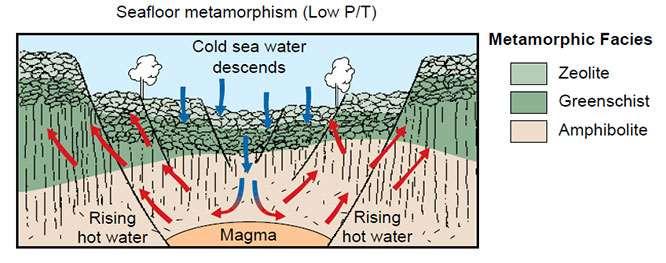 Contact metamorphism of oceanic crust Basalt and Gabbro Greenschist - Olivine, pyroxene, and plagioclase in an original basalt change to amphiboles