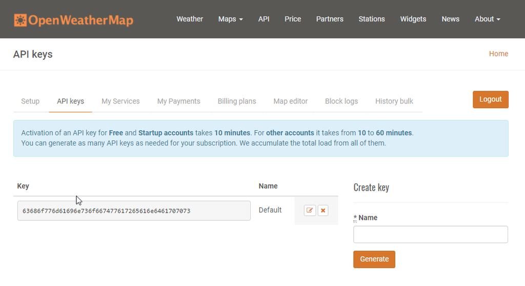 Obtain an OpenWeatherMap API Key This module uses the OpenWeatherMap service. They offer a free key for low volume accounts. For this reason you will want to create an account for each client.
