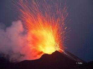 Erupt (Verb) When a volcano releases lava, ash, gas, and other