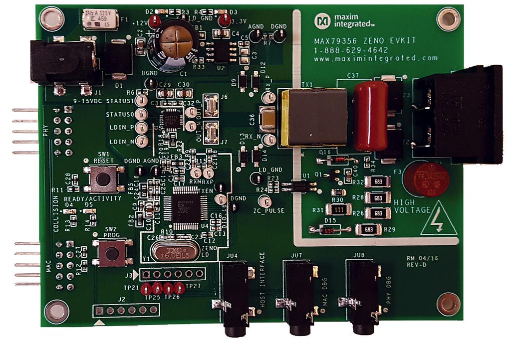 MX9 Evaluation Kit Evaluates: MX9 General escription The MX9 evaluation kit (EV kit) demonstrates the functionality of the MX9 (ZENO ) flexible narrowband OFM powerline communication modem.
