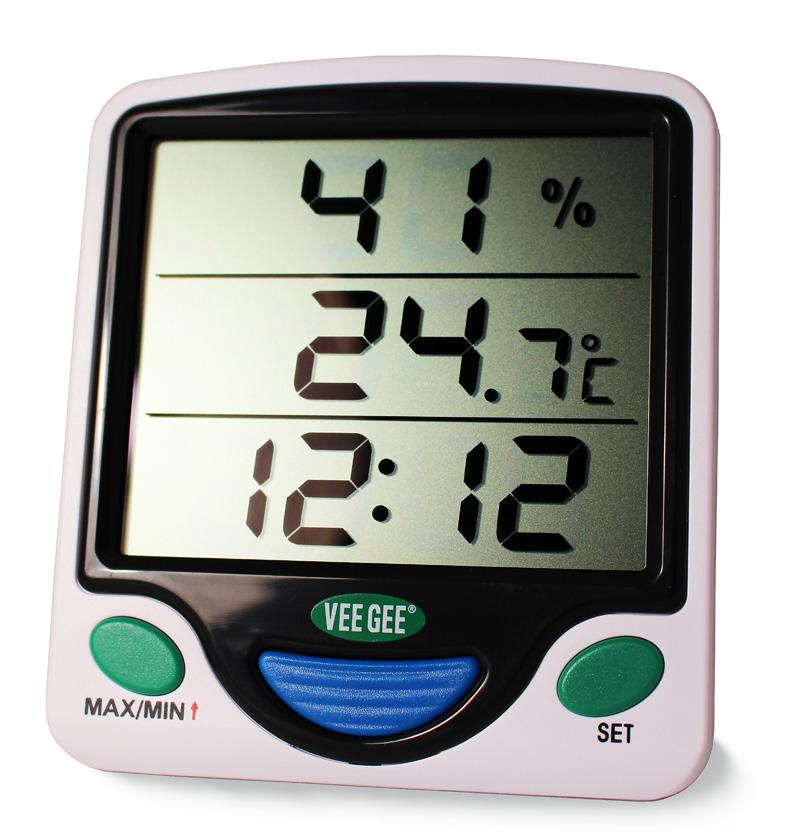 Digital Thermometers Min/Max Digital Thermometer / Hygrometer / Clock This VEE GEE digital thermometer registers maximum and minimum temperatures in both Celsius and Fahrenheit scales.