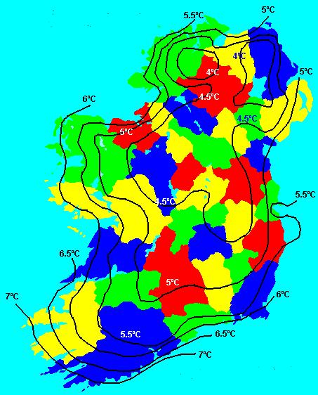 4. Weather Mean Daily January Temperature in Ireland A www.wesleyjohnston.com Examine the map above and answer each of the following questions. (i) (ii) What is the mean daily temperature at A?