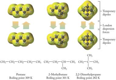Polarizability Relative ease with which the electron cloud in a molecule, ion, or atom can be distorted, inducing a temporary dipole Higher polarizability stronger dispersion Shape of molecules