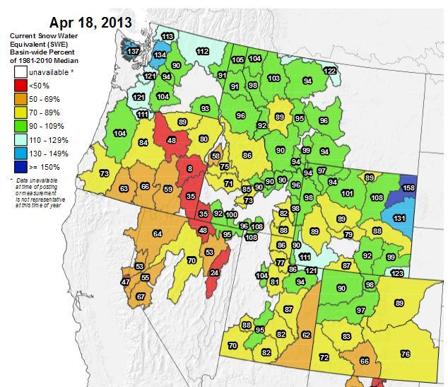 Snow Water Equivalent 18 April, 2013 14 May, 2013 Westwide SNOTEL Current Snow Water Equivalent (SWE) % of Normal May 14, 2013 Current Snow Water Equivalent (SWE) Basin-wide Percent of 1981-2010