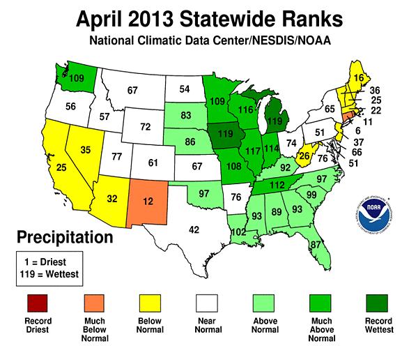 April Precipitation Top 10 wettest April on record for 5 states in the region. IA, 6.