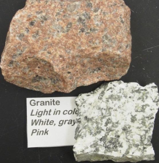 are made up of granite and andesite, light colored (pink, white and gray) and less density rock types composed almost entirely of