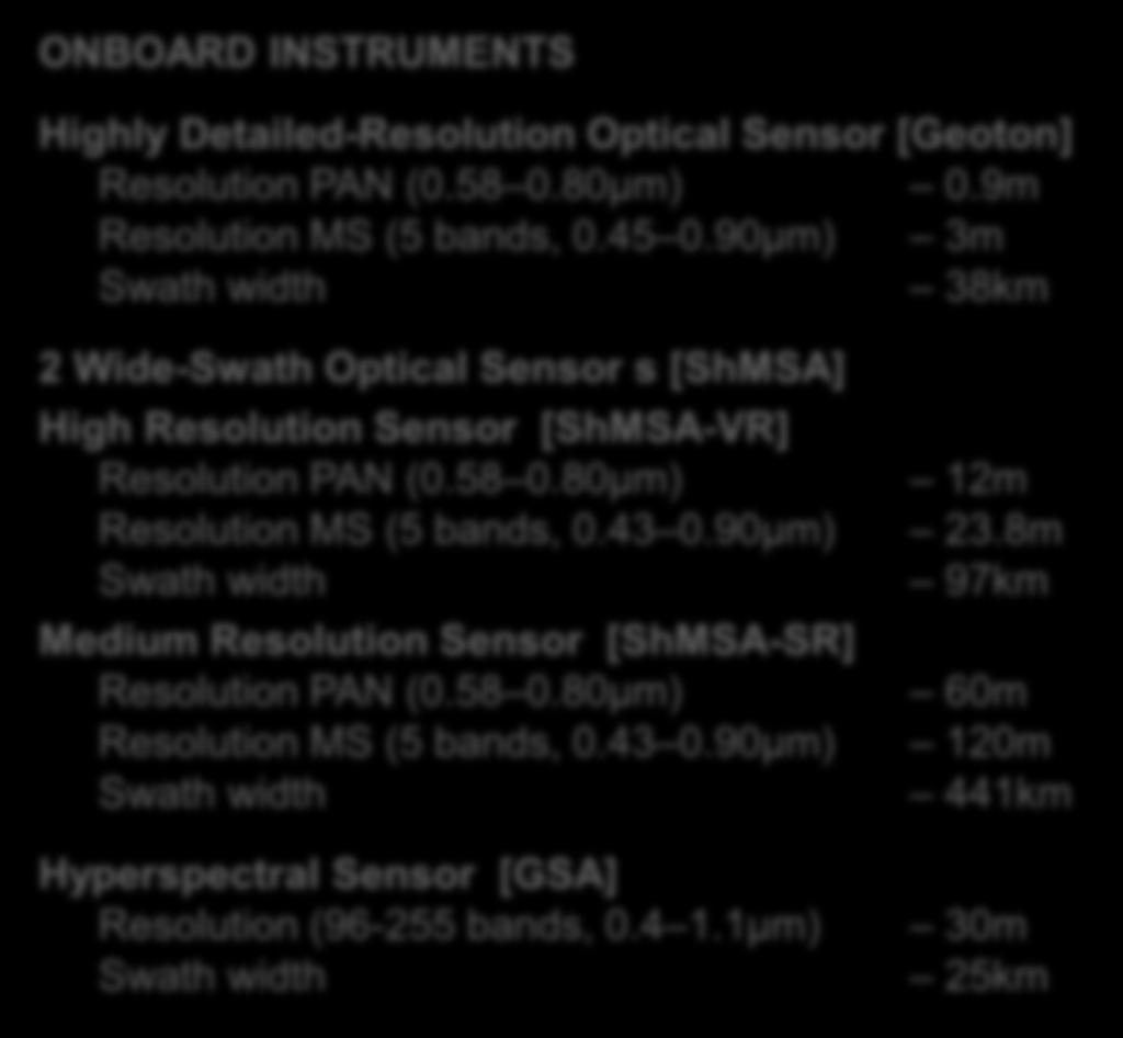 90µm) 3m Swath width 38km 2 Wide-Swath Optical Sensor s [ShMSA] High Resolution Sensor [ShMSA-VR] Resolution PAN (0.58 0.80µm) 12m Resolution MS (5 bands, 0.43 0.90µm) 23.