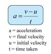 Velocity Velocity is the rate of change in displacement. Formula: Unit: ms -1 Type of quantity: Vector quantity Acceleration Acceleration is the rate of velocity change.