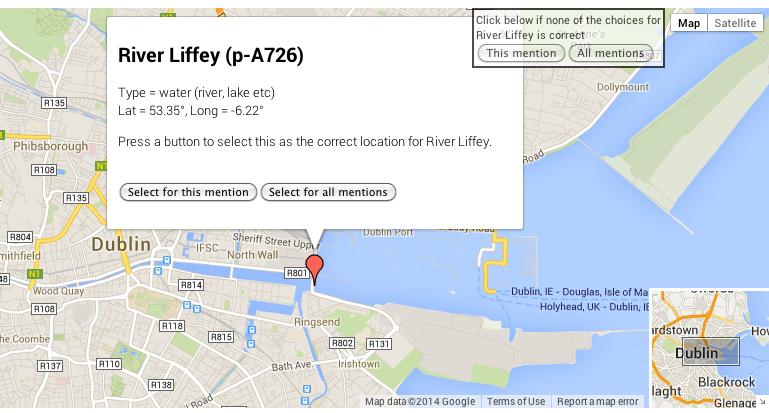 Figure 2: Example candidate for the location mention River Liffey and its gazetteer entry information shown in a popup. Figure 3: Choosing between multiple candidates for the same location mention.