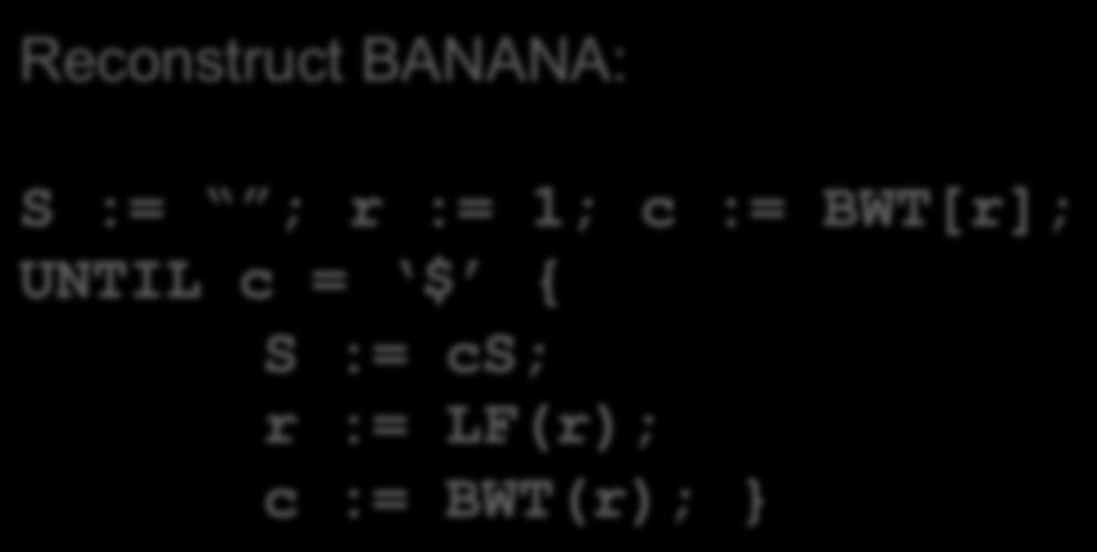 occurrence of c LF() 2 6 7 5 1 3 4 LF() = C() + i Reconstruct BANANA: S := ; r := 1; c