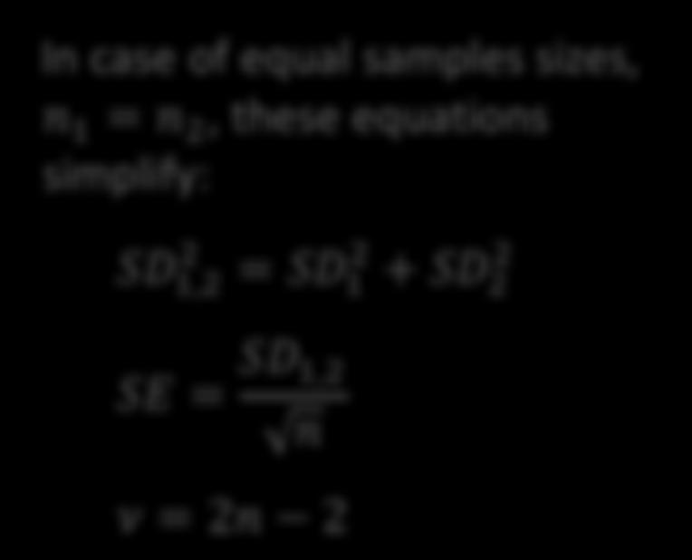 Case 1: equal variances n Assume that both distributions have the same variance (or standard deviation) n Use pooled variance estimator: SD.,,. = n, 1 SD.., + n. 1 SD. n, + n.