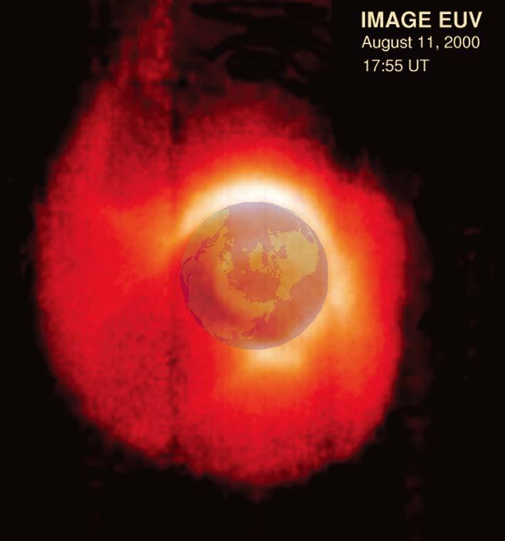 THE FIRST TWO YEARS OF IMAGE 9 Figure 3. EUV image of the plasmasphere on August 11, 2000. The Sun is toward the upper right, opposite the midnight shadow region.