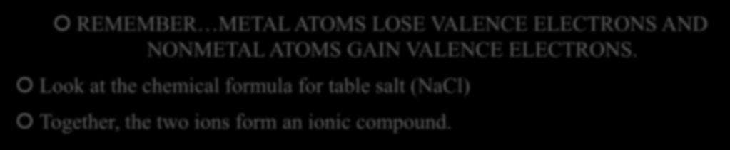 Ionic Bonds-Electron Transferring REMEMBER METAL ATOMS