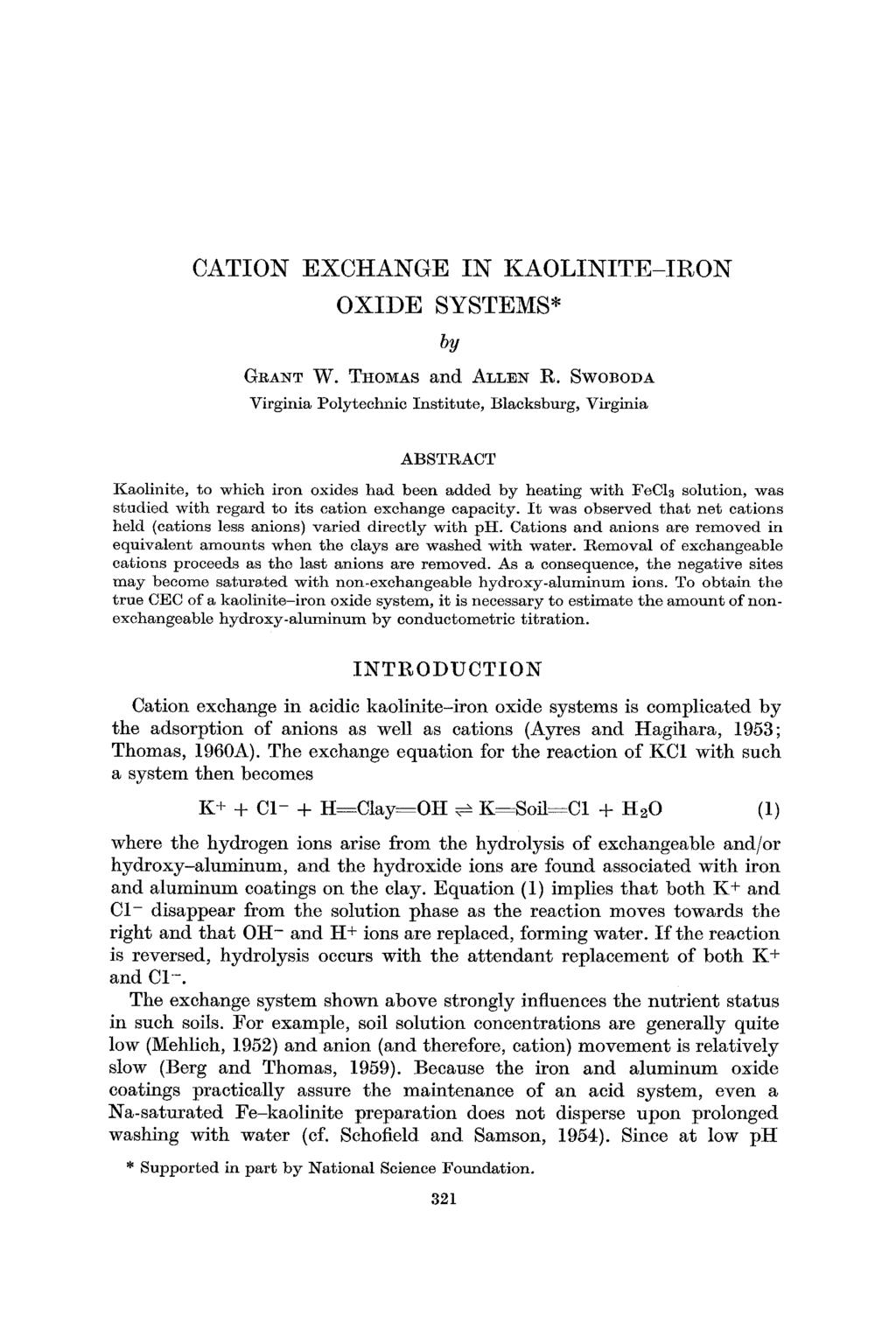 CATION EXCHANGE IN KAOLINITE-IRON OXIDE SYSTEMS* by GRANT W. THOMAS and ALLEN R.