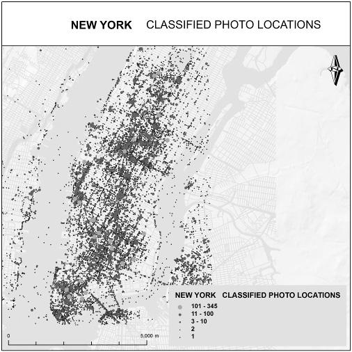 60 G. Sagl, B. Resch, B. Hawelka and E. Beinat Fig. 5 shows the density of Flickr points in the city of New York, USA, analysed in a variety of different methodologies. Fig. 5.a maps the original points in five density categories; Fig.