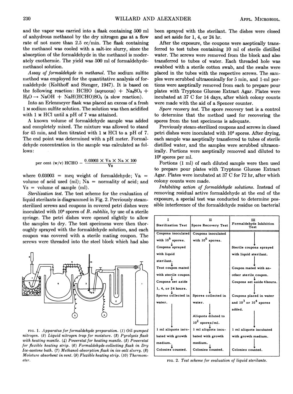 WILLARD AND ALEXANDER APPL. MICROBIOL. and the vapor was carried into a flask containing 5 ml of anhydrous methanol by the dry nitrogen gas at a flow rate of not more than.5 cc/min.
