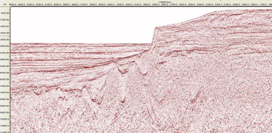 Figure 3: PSDM Section (width 110 km) showing extensive salt basin West of the Escarpment Figure 4: Zoom