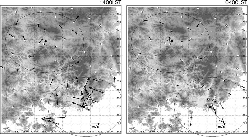 SEPTEMBER 2009 H A E T A L. 1935 FIG. 10. The horizontal distributions of wind vectors at 1400 and 0400 LST for the Daegu (upper circle) and Busan (lower circle) regional networks.