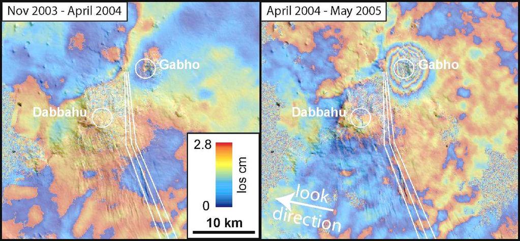 Figure SM6: Interferograms covering the Dabbahu region before the rifting event. a) No inflation is seen prior to April 2004 at either Gabho or Dabbahu volcanoes.