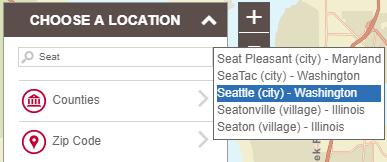 Search for a city or address With the Choose a Location menu expanded, you will see a search bar where you can type the name of a city or address in the U.S. As you begin to type, the search bar will generate a list of locations that match your search criteria.