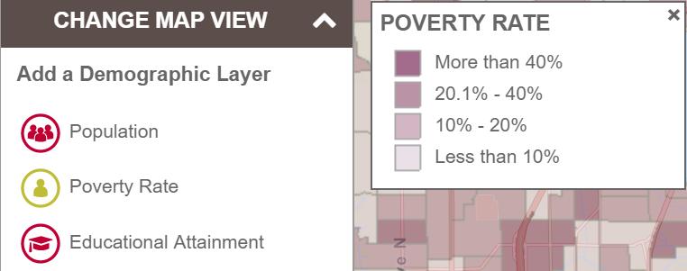 Adding a demographic layer and toggling street/satellite view You can toggle on/off certain demographic layers on the COM, such as the population density or the poverty rate, by clicking the layer of