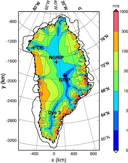 15 Greenland: Paleoclimatic simulation (3) Results: Topography 127 ka ago (Eem): 21 ka ago (LGM): Present: Present (data):