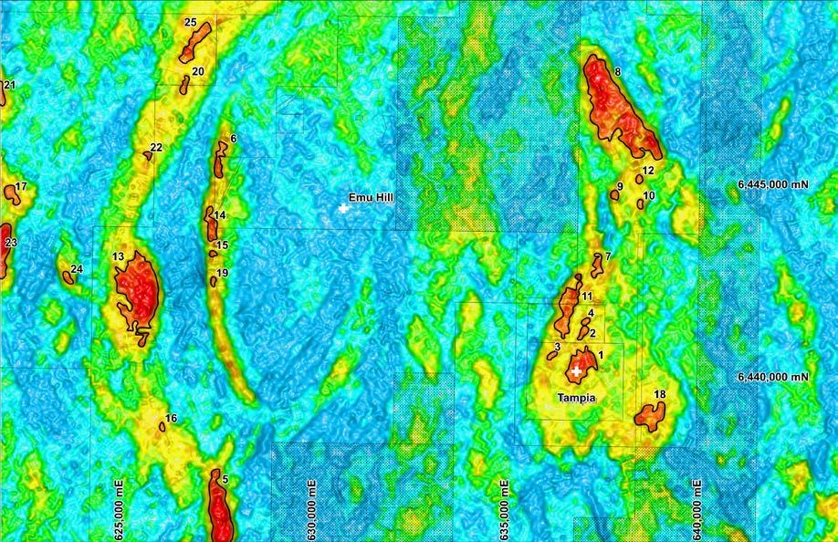 Figure 2. Regional airborne gravity survey highlighting Gravity Targets with similar signature to the Tampia gold deposit.