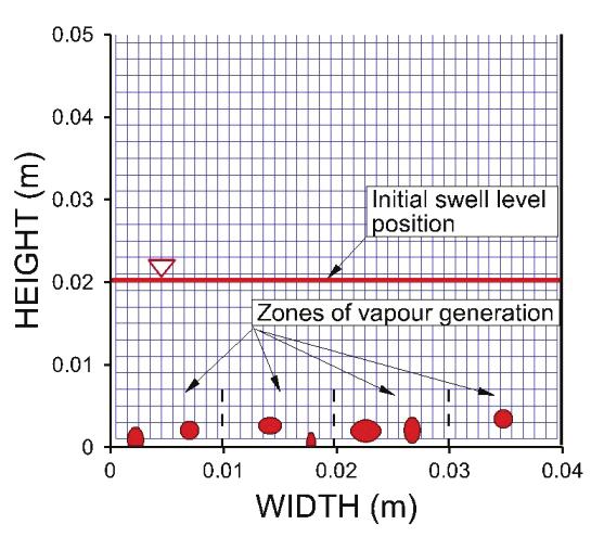 Spatial and temporal sites and intensities of the vapor generation are prescribed on the heated surface as boundary conditions, while the vapor volume exists above the two-phase mixture swell level.