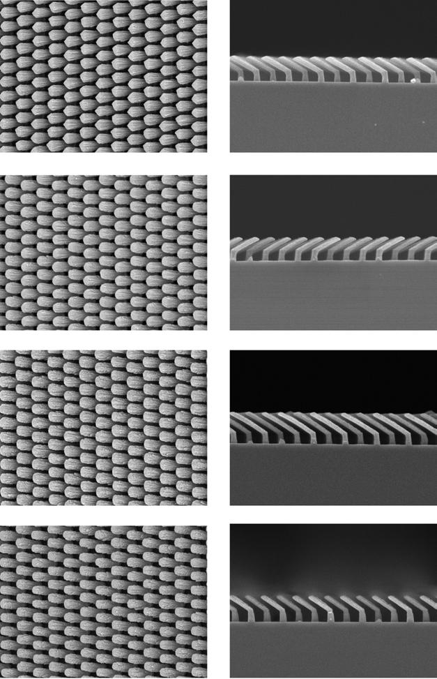 Top-view (left) and cross-sectional (right) SEM images of the nano-columns grown by swing rotation at θ = 85 with (a) φ = 30,(b)φ = 60, (c) φ = 90,and(d)φ = 120.