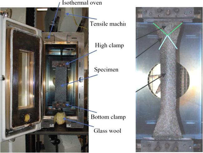 Fig. 13 Bias-extension test on a thermoplastic prepreg in an environmental chamber [51] difficult) to add devices that impose tension in the yarns in addition to the in-plane shear prescribed by the