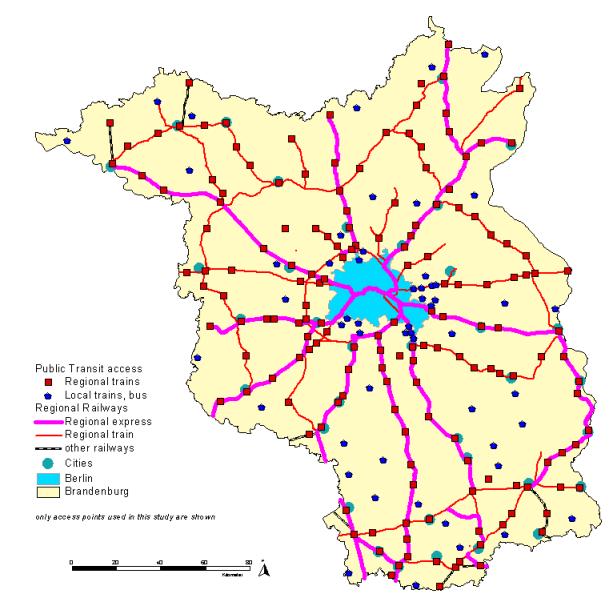 Map 2: Public Transit infrastructure of the study area 3 Existing studies of leisure and recreation activities in Berlin- Brandenburg Leisure and recreation activities in Germany and particularly in
