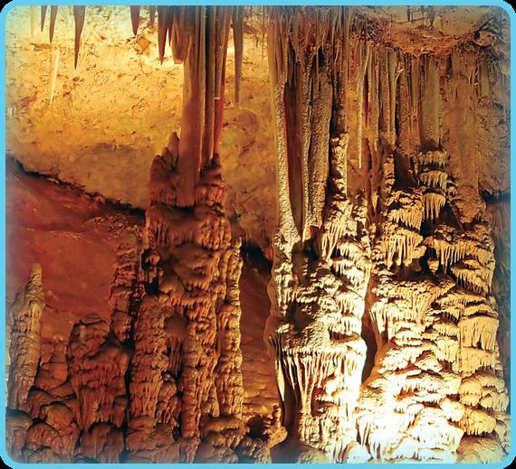 formations called stalactites and stalagmites. These are had iron, the sandstone is yellow, orange, or reddish. often formed by water dripping through limestone rock.