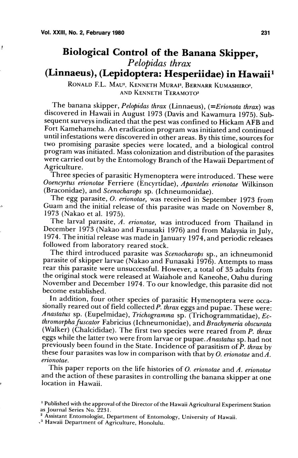 Vol. XXIII, No. 2, February 1980 231 Biological Control of the Banana Skipper, Pelopidas thrax (Li