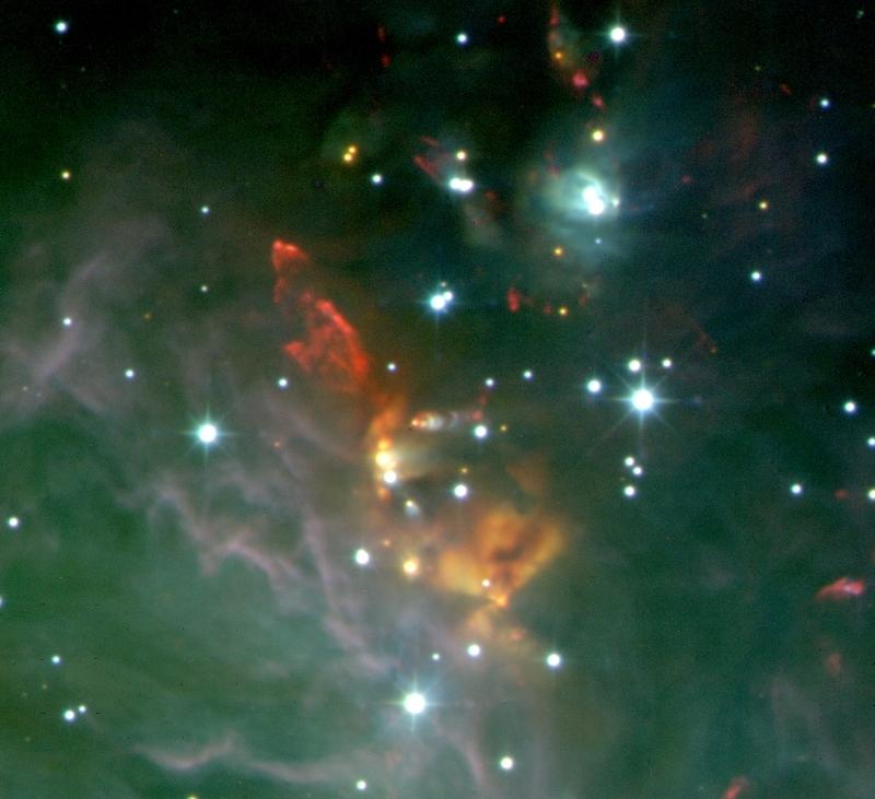 Figure S.2: Left panel: The OMC-2 region, a part of the Orion stellar nursery shown in Fig. S.1. Newborn stars intermingle with their still growing yellowish and reddish counterparts.