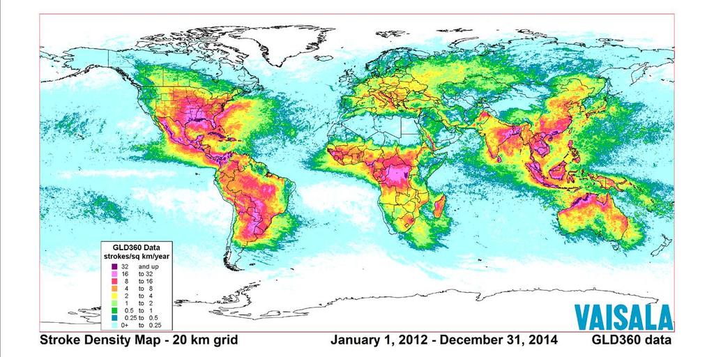 Annual Global Lightning Density Map GLD360 data 2012-2014