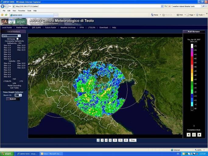ARPAV HDSS Web Page 3 radars 3D radar mosaic rainfall amounts radar forecasts flash flood prediction Integrates Teolo, Lonco ENAV radars, model, satellite, rain gauge dat storm, high winds, tornado