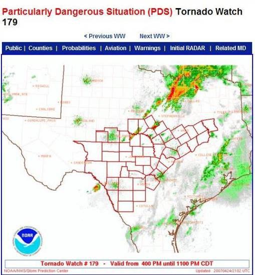 Storm Prediction Center Watch Boxes Severe Thunderstorm Watch expect non-tornadic thunderstorms with hail greater than 2 cm in diameter and/or winds greater than 90 km/hr Tornado Watch