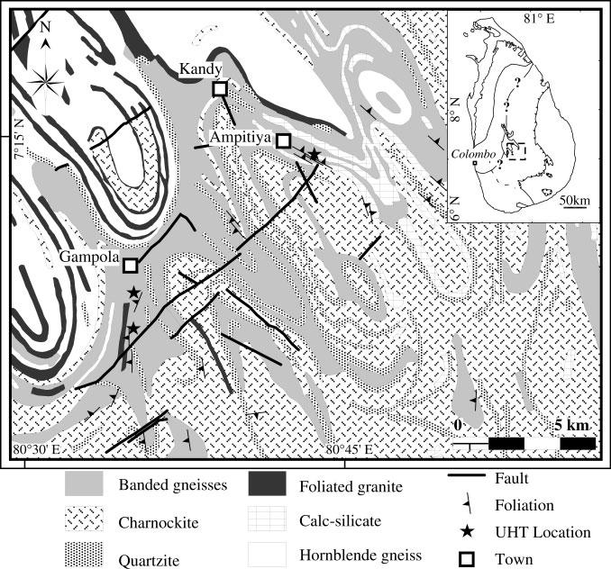 SAJEEV AND OSANAI ULTRAHIGH-TEMPERATURE METAMORPHISM Fig. 2. Geological map of the central Highland Complex, modified from the map by the Geological Survey Department of Sri Lanka (1982).