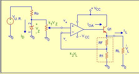 ü OPAMP DC-VOLTAGE REGULATOR WITH ADJUSTABLE OUTPUT v + > v - k 1 V Z = k 2 V L ô V L = k 1 k 2.V Z where 0 k 1 1 k 2 = ÄÄÄÄÄ + R F Power is supplied by V CC.