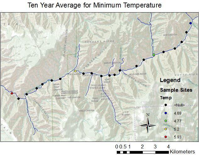 Image 14 Mean Minimum Temperature at the four stations. Discussion The upper reaches of the south fork are more confined, as shown by Image 11 and Images 15 and 16.